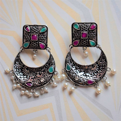 German Silver Carved Floral Chandbali - GlitterGleam