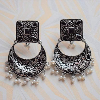 German Silver Carved Floral Chandbali - GlitterGleam