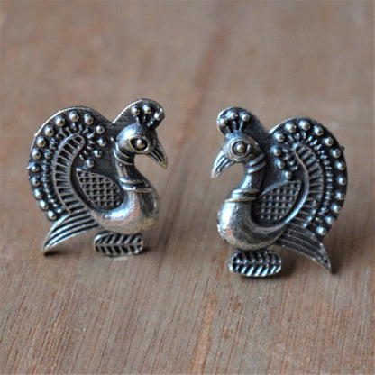 German Silver Carved Peacock Studs - GlitterGleam
