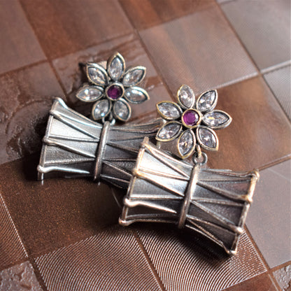 Crystal Floral Damru German Silver Earrings - GlitterGleam