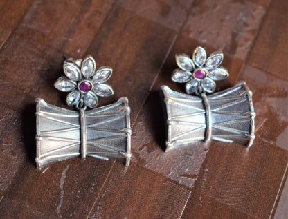 Crystal Floral Damru German Silver Earrings - GlitterGleam