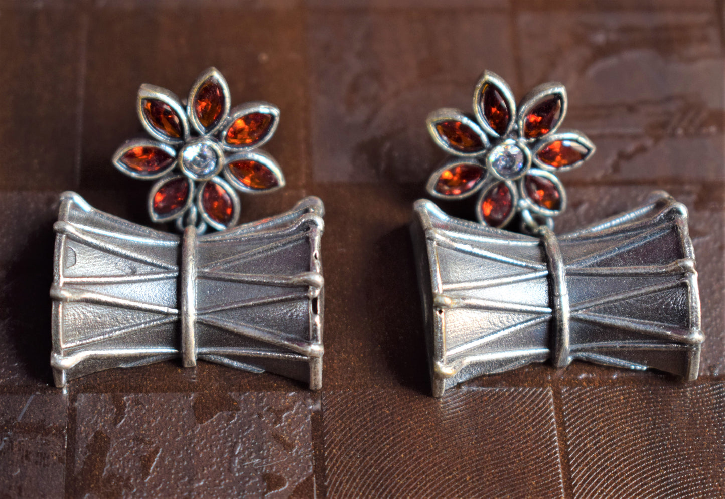 Crystal Floral Damru German Silver Earrings - GlitterGleam