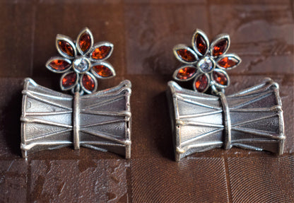 Crystal Floral Damru German Silver Earrings - GlitterGleam