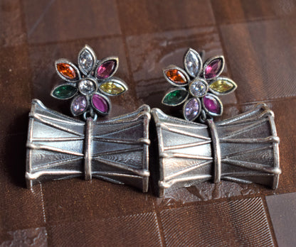Crystal Floral Damru German Silver Earrings - GlitterGleam