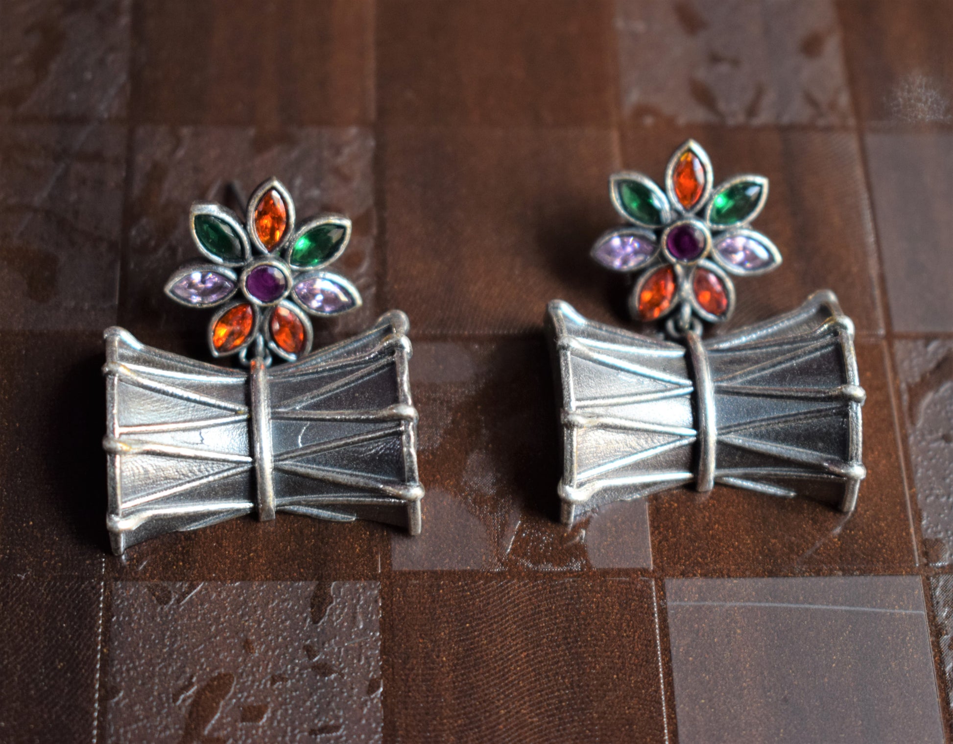 Crystal Floral Damru German Silver Earrings - GlitterGleam