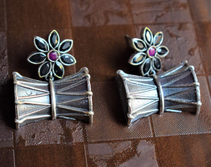 Crystal Floral Damru German Silver Earrings - GlitterGleam