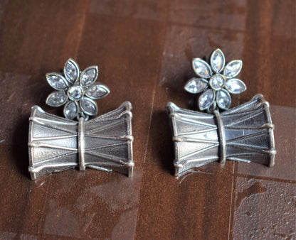 Crystal Floral Damru German Silver Earrings - GlitterGleam