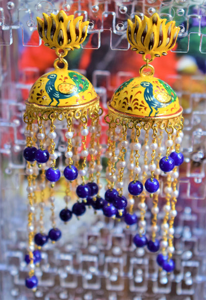 Lotus Stud Pearl Tassel Hand-Painted Jhumki - GlitterGleam