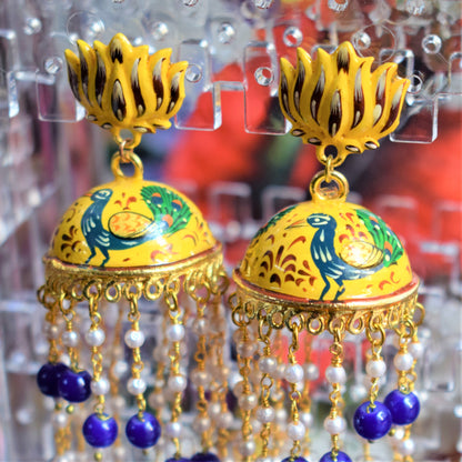 Lotus Stud Pearl Tassel Hand-Painted Jhumki - GlitterGleam