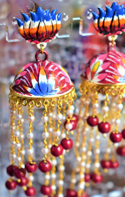 Lotus Stud Pearl Tassel Hand-Painted Jhumki - GlitterGleam
