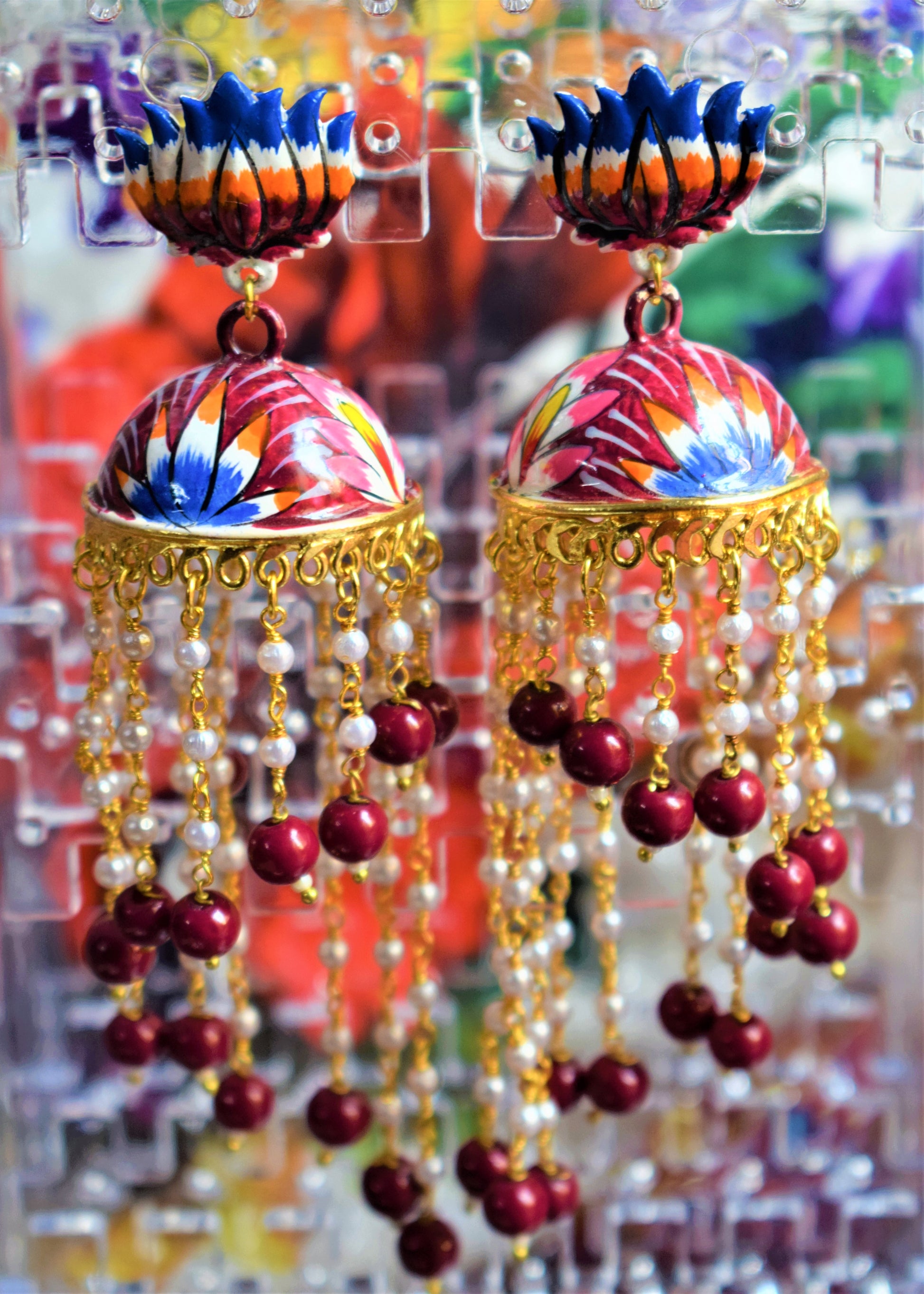 Lotus Stud Pearl Tassel Hand-Painted Jhumki - GlitterGleam