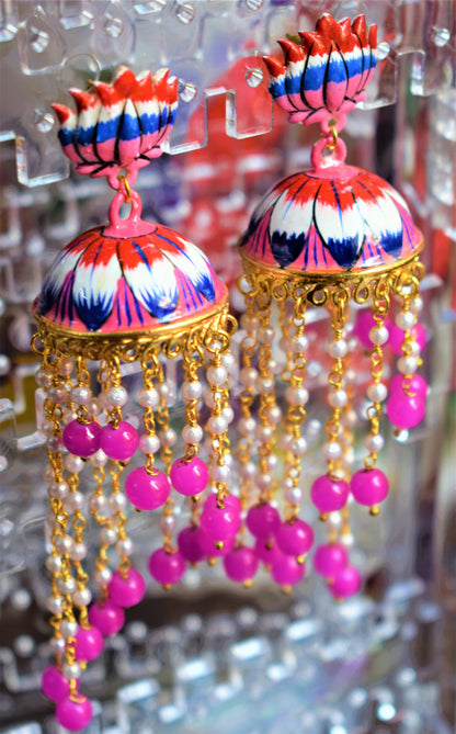 Lotus Stud Pearl Tassel Hand-Painted Jhumki - GlitterGleam