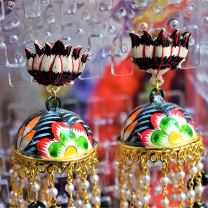 Lotus Stud Pearl Tassel Hand-Painted Jhumki - GlitterGleam