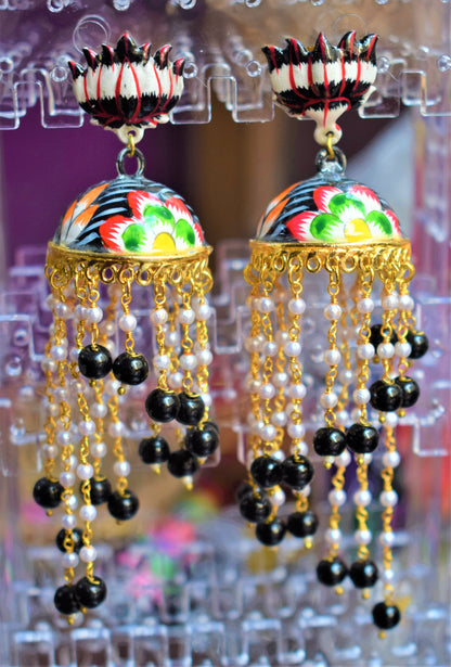 Lotus Stud Pearl Tassel Hand-Painted Jhumki - GlitterGleam