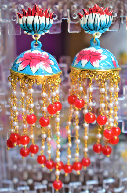 Lotus Stud Pearl Tassel Hand-Painted Jhumki - GlitterGleam