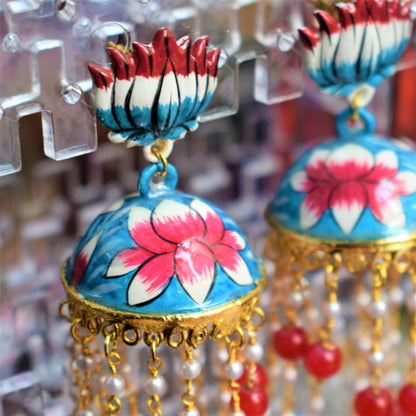 Lotus Stud Pearl Tassel Hand-Painted Jhumki - GlitterGleam