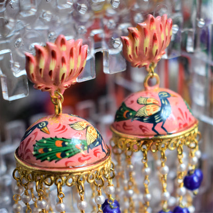 Lotus Stud Pearl Tassel Hand-Painted Jhumki - GlitterGleam