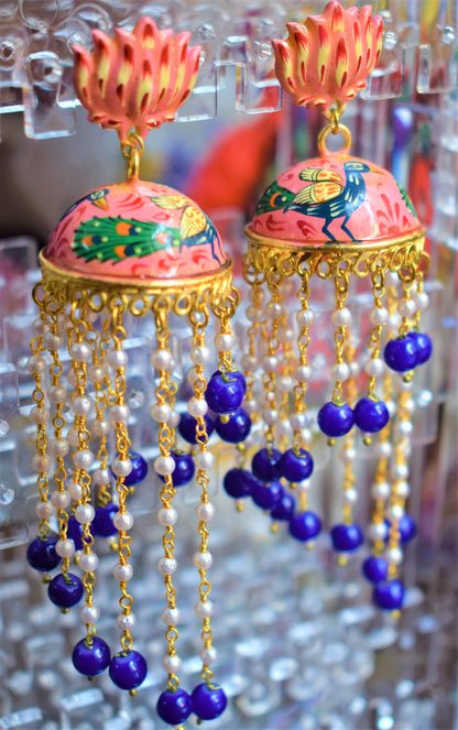 Lotus Stud Pearl Tassel Hand-Painted Jhumki - GlitterGleam