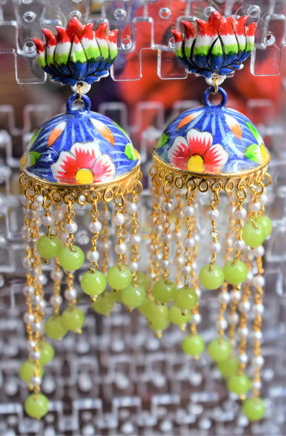 Lotus Stud Pearl Tassel Hand-Painted Jhumki - GlitterGleam