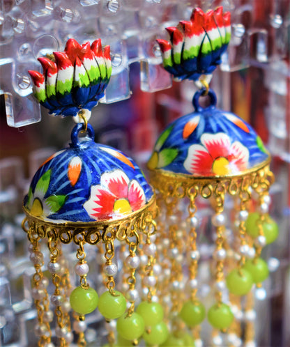 Lotus Stud Pearl Tassel Hand-Painted Jhumki - GlitterGleam