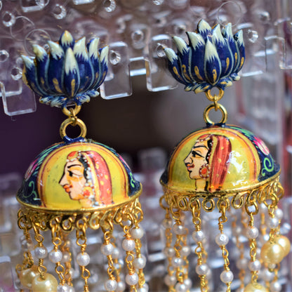 Lotus Stud Pearl Tassel Hand-Painted Jhumki - GlitterGleam