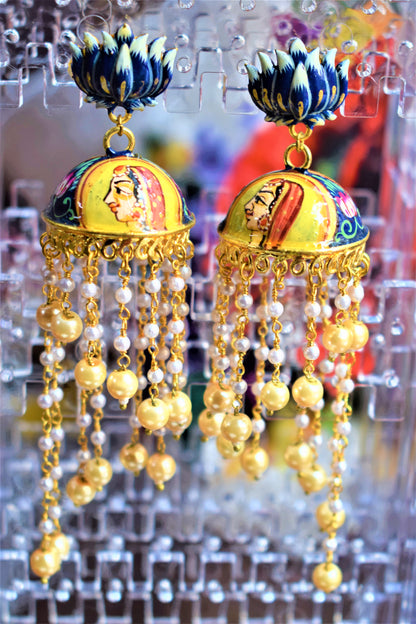 Lotus Stud Pearl Tassel Hand-Painted Jhumki - GlitterGleam