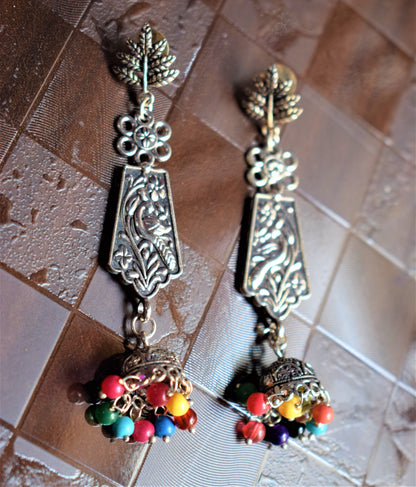 Multicolored Leaf & Peacock Jhumki Earring - GlitterGleam