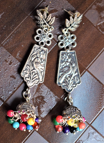 Multicolored Leaf & Peacock Jhumki Earring - GlitterGleam