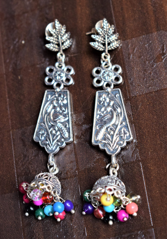 Multicolored Leaf & Peacock Jhumki Earring - GlitterGleam