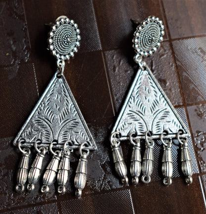 Silver Oxidised Carved Triangle Dangle Drop Earrings - GlitterGleam