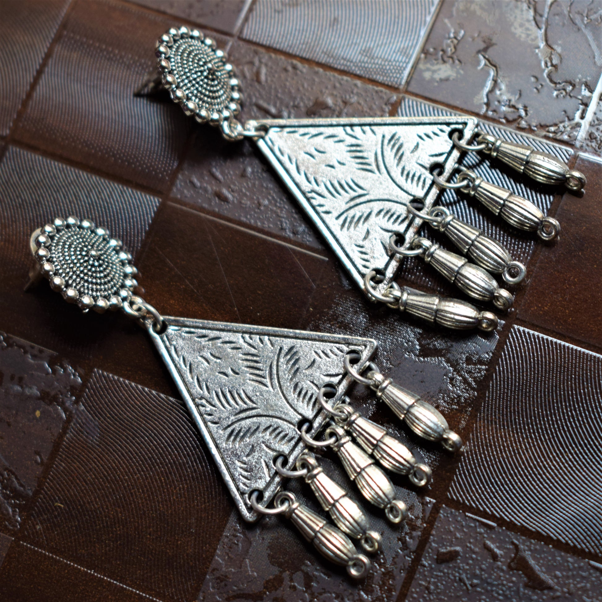 Silver Oxidised Carved Triangle Dangle Drop Earrings - GlitterGleam