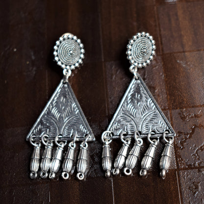 Silver Oxidised Carved Triangle Dangle Drop Earrings - GlitterGleam