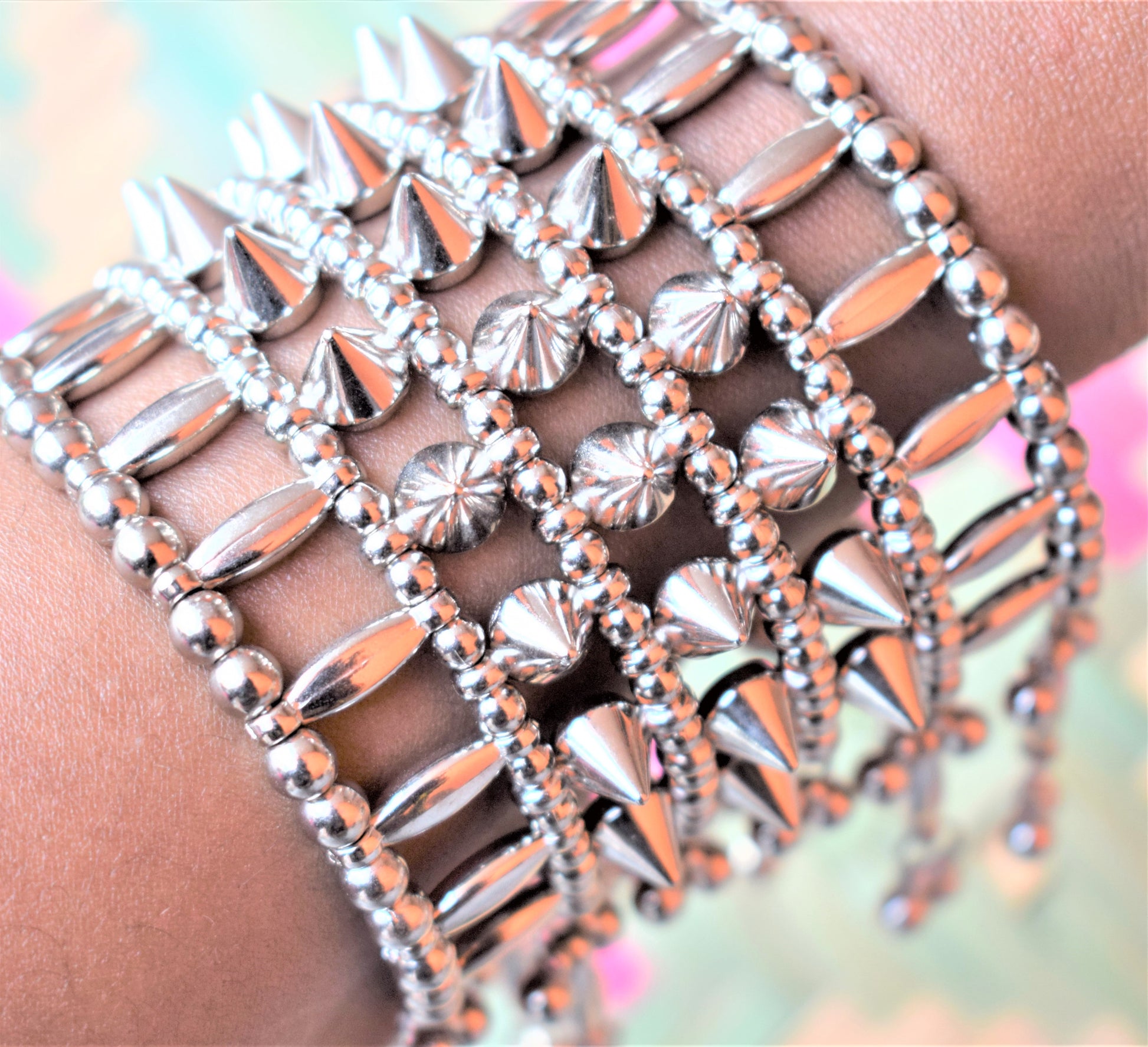 Silver Stud Tribal Cuff Bracelet with Beads - GlitterGleam