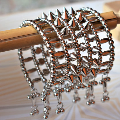 Silver Stud Tribal Cuff Bracelet with Beads - GlitterGleam