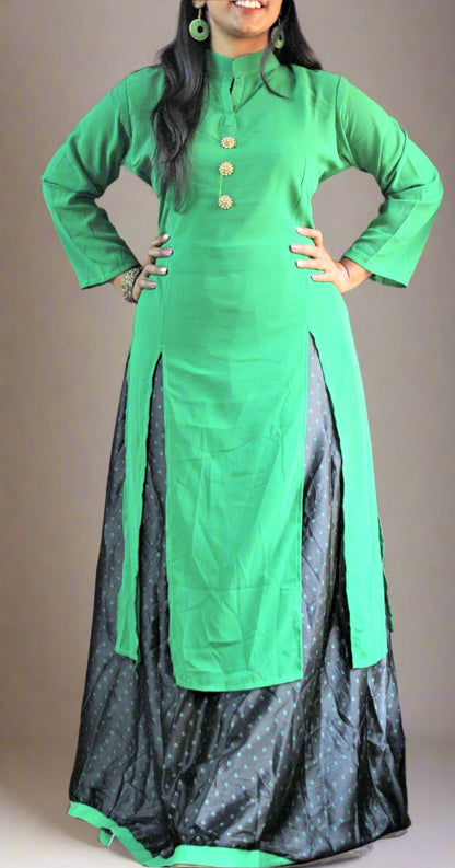 Ready-to-wear Double-Slit Button down Kurti with Long Printed Lehenga Skirt - Glitter Gleam