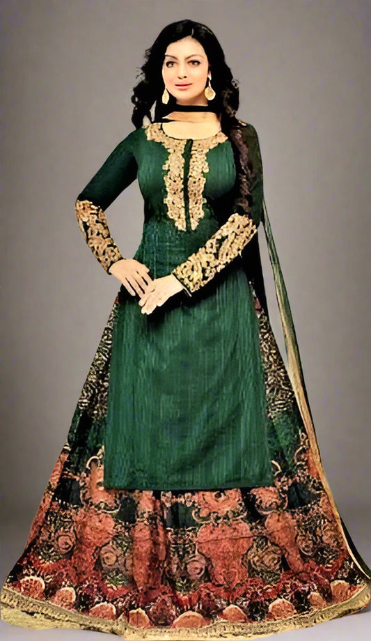 Semi Stitched Embroidered Green Lehenga Skirt cum Salwar Suit - GlitterGleam