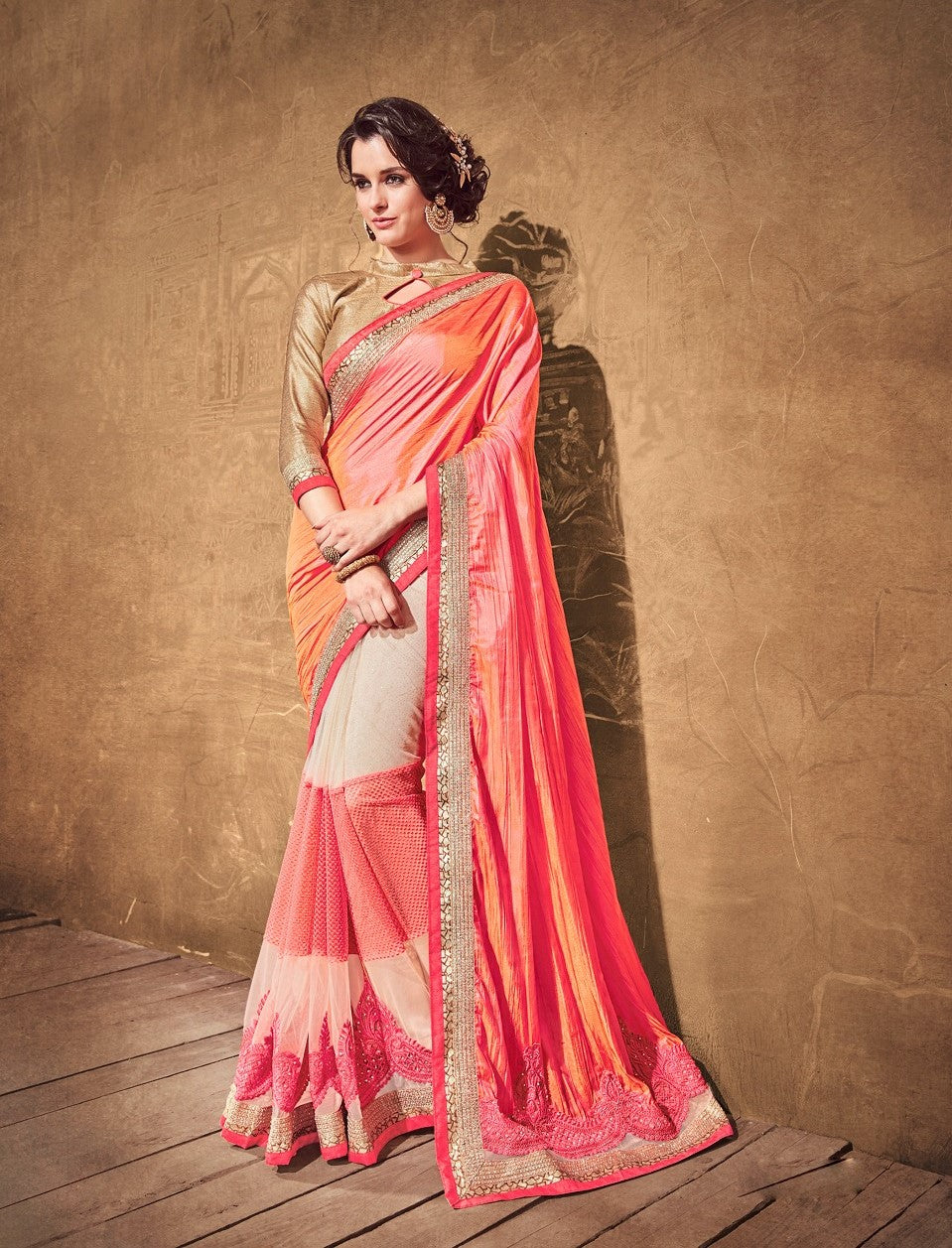 Designer Multicolored Silk, Net, Georgette and Viscose Combination Saree - GlitterGleam