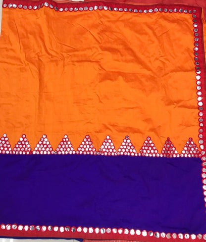 Miror Work Style Cotton Silk Saree with Red Border and Blouse - GlitterGleam