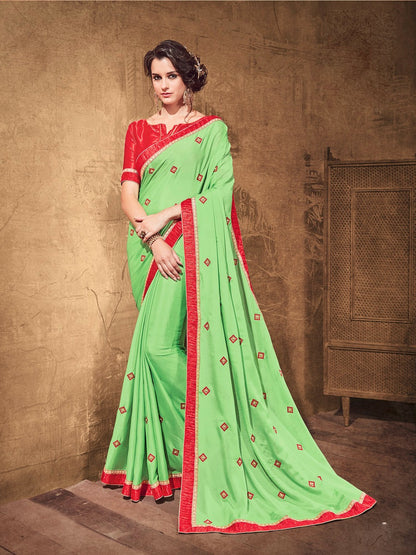 Green Shimmer Chiffon with Art Silk Lace Border and Blouse - GlitterGleam