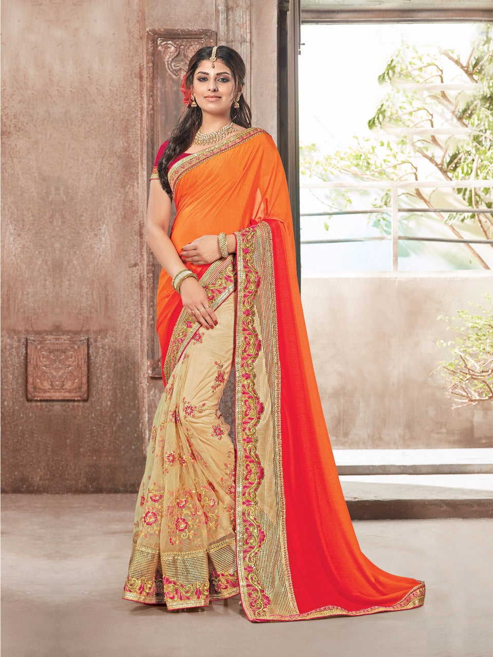 Incredible double tone peach coloured jacquard digital silk saree -  TRENDOYE - 4205774