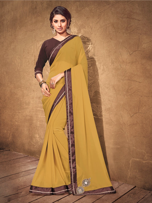 Designer Monochrome Olive Green Georgette Saree with Mirror and Zari work  and Brown Art Silk Border - GlitterGleam