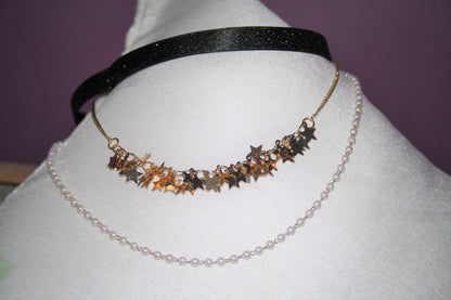 Star & pearl shimmering ribbon multi layered choker - GlitterGleam
