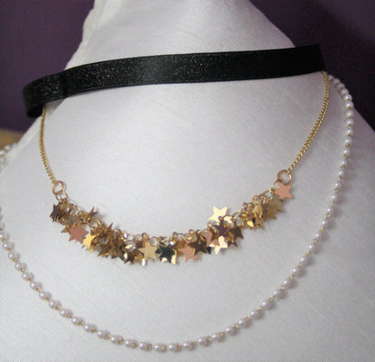 Star & pearl shimmering ribbon multi layered choker - GlitterGleam