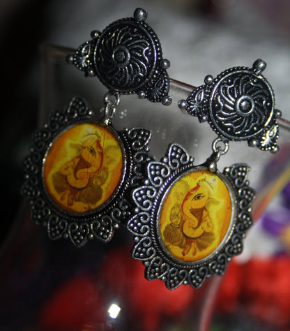 Padmavati Earring : German Silver Oxidized Earring with Framed Art - GlitterGleam