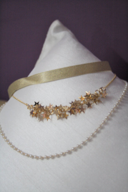 Star & pearl shimmering ribbon multi layered choker - GlitterGleam