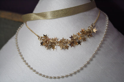 Star & pearl shimmering ribbon multi layered choker - GlitterGleam