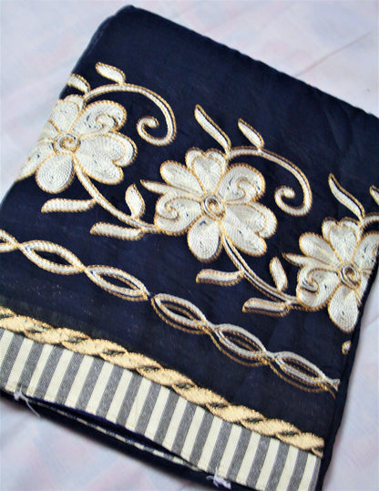 Wide Border Embroidery Cotton Saree - GlitterGleam