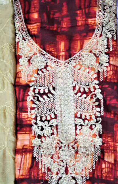 Womens' Resham Embroidery And Net Design Printed Cotton Salwar Suit - GlitterGleam