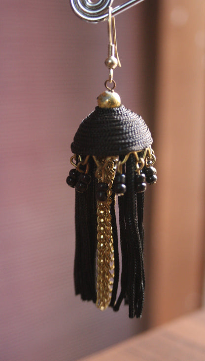 Black & Golden Colored Tassel Jhumki - GlitterGleam