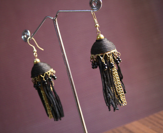 Black & Golden Colored Tassel Jhumki - GlitterGleam